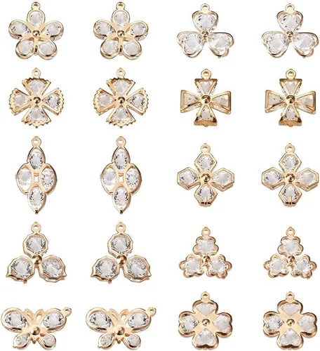 Miniatura 8 de Cheriswelry Colgantes de corazón de diamantes de imitación de oro claro, colgante de aleación colgante de cristal brillante, abalorios de flores 3
