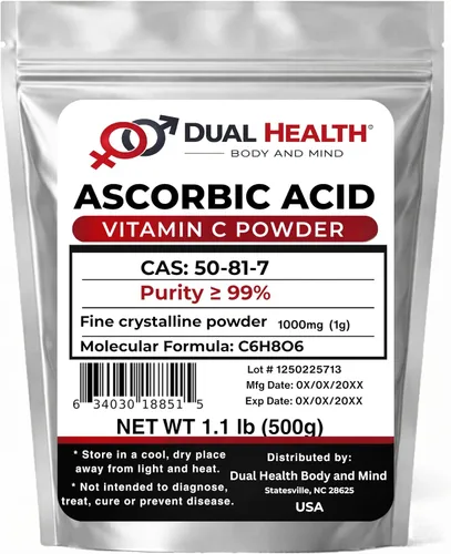 Ácido ascórbico (17.64 oz - 1.1 libras) Polvo puro de vitamina C de alta potencia de grado alimenticio para células e inmunitarios, cristales finos