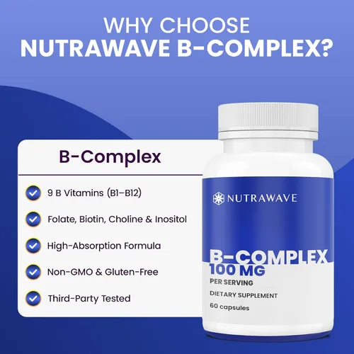 Miniatura 3 de Nutra Wave Super B Complex Vitaminas para mujeres y hombres, alta potencia B1 B2 B3 B5 B6 B7 B9 B12 con colina y mio-inositol, energía y apoyo