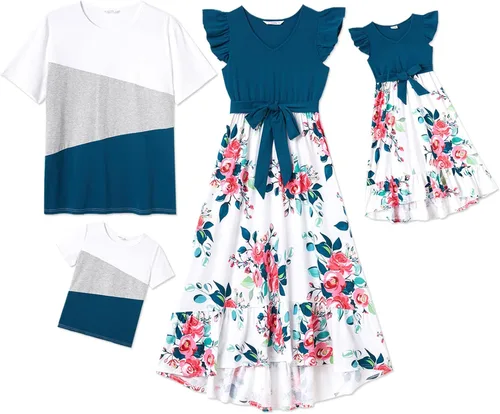 PATPAT Conjunto de vestidos familiares a juego para madre e hija con estampado floral y puños con volantes y camisetas de manga corta