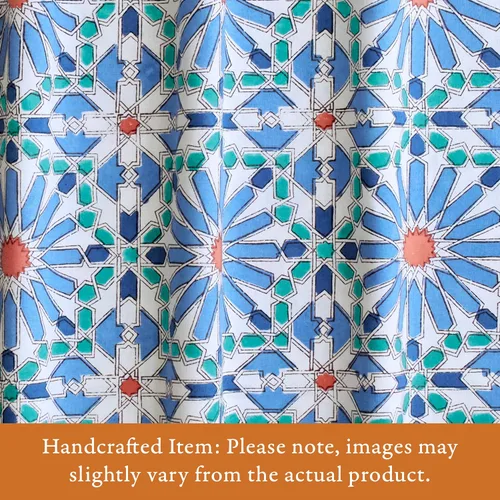 Miniatura 2 de Saffron Marigold Cortina de cenefa impresa a mano con ribete de cuentas, mosaique azul cielo principal, perfecta para cocina, dormitorio, baño
