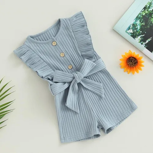 Miniatura 3 de AEEMCEM Mameluco corto para bebé niña con volantes, sin mangas, con botones, cinturón, traje de verano