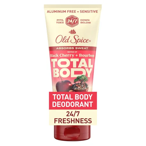 Old Spice Crema desodorante para todo el cuerpo para hombres, sin aluminio, cereza negra + aroma a borbón, protección contra olores 24/7, frescura