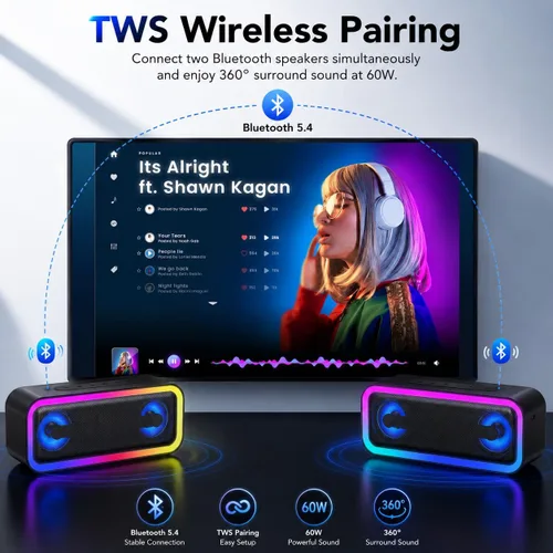 Miniatura 5 de Altavoz Bluetooth portátil, altavoz inalámbrico estéreo de 30 W con graves profundos y luces RGB, Bluetooth 5.4, IPX7 impermeable, tiempo