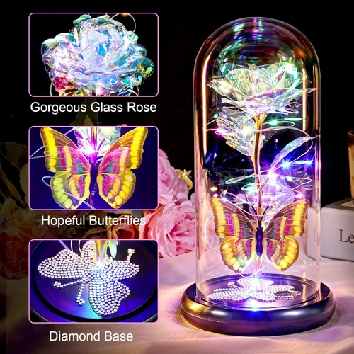 Miniatura 4 de Regalos de cumpleaños para mujer, rosa colorida con luz eterna en cúpula de cristal con mariposa, flores de Navidad para mamá, regalo de hija