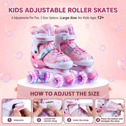 Miniatura 3 de Patines de ruedas para niños, patines rodantes ajustables de 4 tamaños con ruedas que se iluminan, 10C a 6 patines de ruedas para principiantes