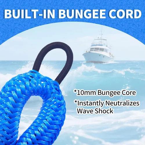 Miniatura 9 de Blue Bungee Dock Lines Paquete de 2 con ganchos dobles y tubos flotantes - Cuerdas de barco resistentes para moto acuática, pontón, kayak, 4 pies a