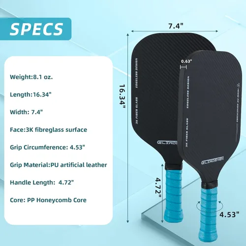 Miniatura 6 de Pickleball paddles set of 2 Rackets are made to USAPA standards 3k fibreglass textured surface rimless design 16 mm polypropylene honeycomb