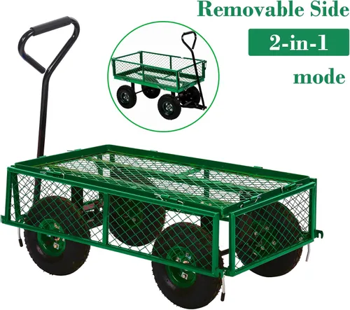 Miniatura 2 de Carrito de jardín de acero resistente, carrito utilitario para patio, carrito utilitario para césped al aire libre con lados extraíbles y ruedas