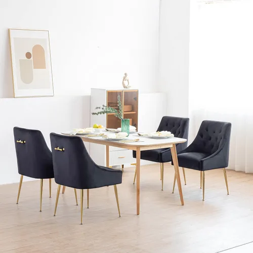 Miniatura 7 de Juego de 2 sillas de comedor modernas, sillas de comedor tapizadas de mediados de siglo, sillas de comedor de terciopelo con patas doradas para Negro