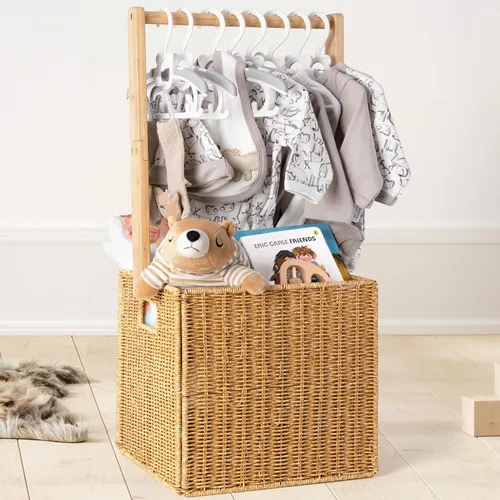 Miniatura 8 de GiftAmaz Armario de madera azul para baby shower, caja de almacenamiento para bebés con asa, cesta de regalos de baby shower, caja de bienvenida