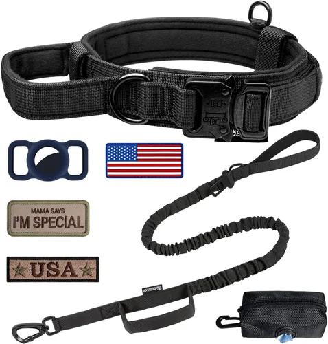 Miniatura 12 de Juego de collar y correa táctica para perro: collar de perro de nailon ajustable con asa que absorbe los golpes, correa retráctil fuerte para perros