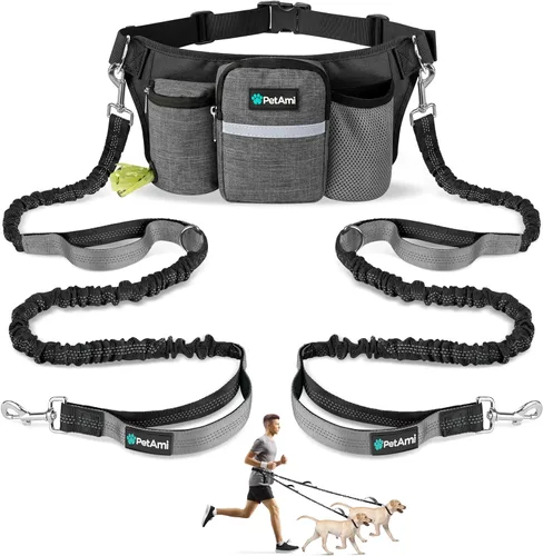 Miniatura 11 de PetAmi Correa de perro con manos libres de alta calidad para 2 perros, correa de cinturón ajustable para pasear perros, riñonera con bolsa de Púrpura