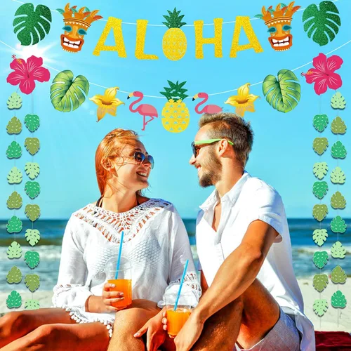 Miniatura 4 de Decoraciones de fiesta hawaiana Aloha – Cartel dorado brillante Aloha para suministros de fiesta temática de Luau tropical de Hawaii
