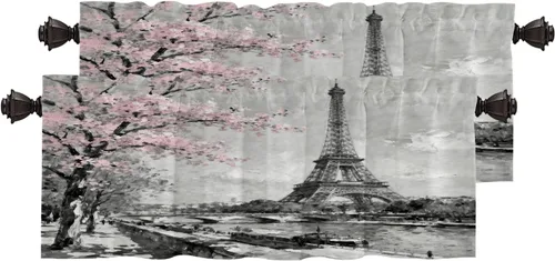 Miniatura 39 de Cortinas opacas de cocina con pintura al óleo de Europa rosa y negra para ventanas, cenefas opacas modernas de torre Eiffel de poliéster multicapa