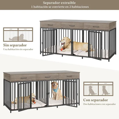 Miniatura 5 de HOSTACK Mueble doble para perros, perrera de 71 pulgadas de ancho para interiores con 3 cajones, jaula de granja para perros para 2 perros Gris