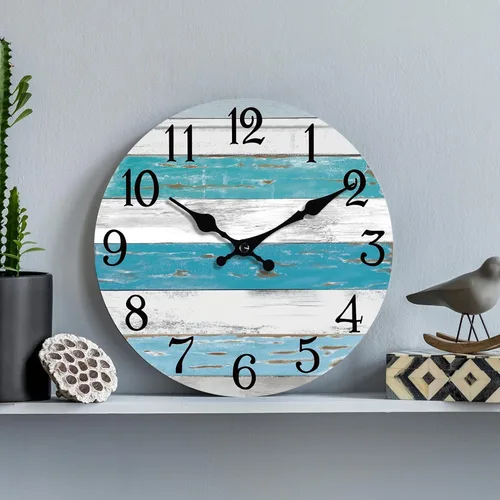 Miniatura 6 de KECYET Reloj de pared con pilas de 14 pulgadas para exteriores, estilo de playa grande, color azul, costero, retro, silencioso, sin tictac, Azul