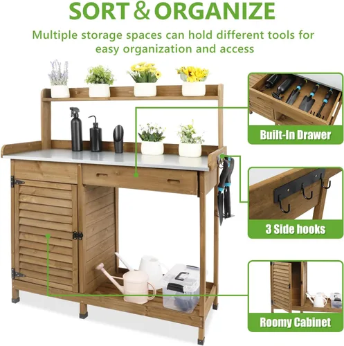 Miniatura 6 de PetsCosset - Banco de jardinería con mesa de trabajo al aire libre, de madera, con superficie de mesa metálica, gabinete, cajón, estante inferior