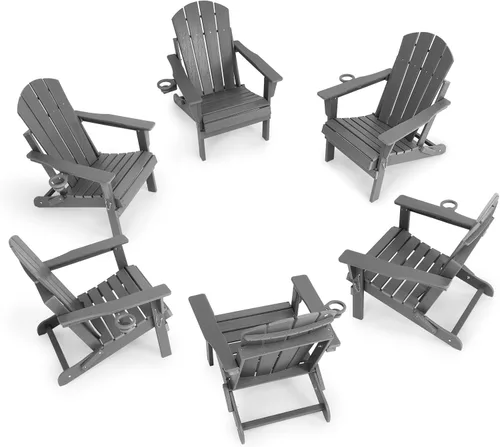 Miniatura 17 de Silla Adirondack plegable de HDPE, silla de patio al aire libre con soporte para tazas, silla de césped de grano de madera resistente a