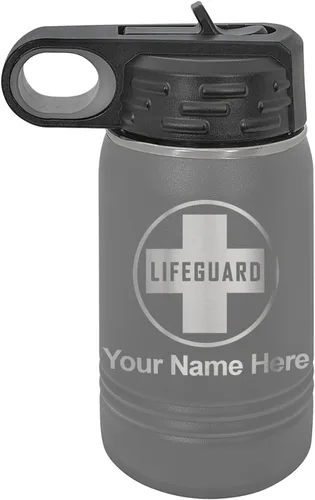 Miniatura 72 de LaserGram Botella de agua personalizada, salvavidas, acero inoxidable de doble pared aislada al vacío con popote superior, regalo grabado Negro