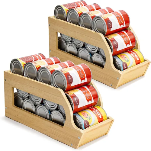 Miniatura 7 de Yumkfoi Estante organizador de latas de bambú, apilable de doble capa y almacenamiento para despensa, dispensador de productos enlatados