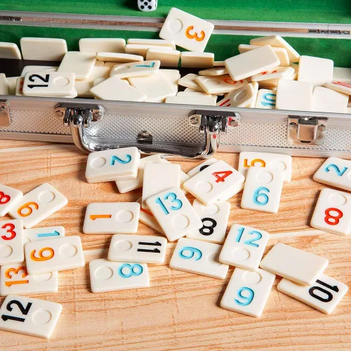 Miniatura 8 de Homwom 106 Tiles Rummy Game – Juegos de viaje Rummy Juego de mesa Rummy con estuche de aluminio y 4 bandejas antideslizantes duraderas