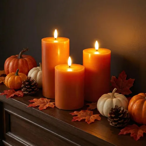 Miniatura 4 de Eywamage Velas de pilar sin llama de otoño naranja con control remoto, velas LED parpadeantes de cera de Acción de Gracias, funciona
