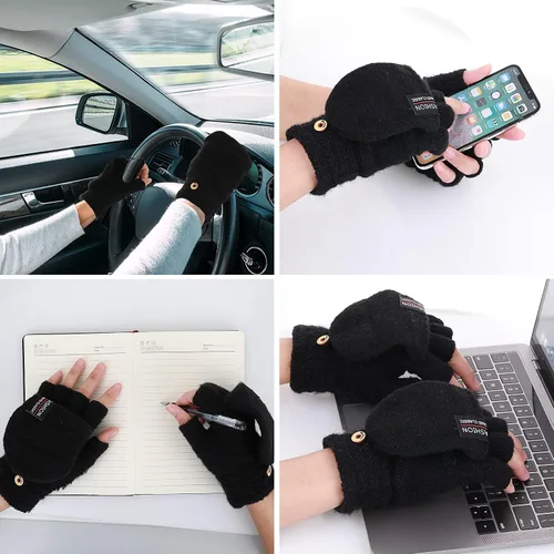 Miniatura 21 de THINP Guantes sin dedos para mujeres y hombres, guantes de invierno, guantes de lana cálida de punto sin dedos con tapa, guantes convertibles