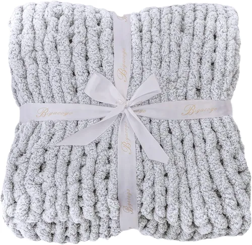 Miniatura 8 de Bigacogo Manta de punto grueso de 51 x 63 pulgadas, manta de felpilla 100% tejida a mano, manta grande de punto trenzado suave y grueso, manta Gris
