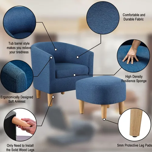 Miniatura 5 de DAZONE - Silla de acento de mediados de siglo moderna con otomano, juego de sillas cómodas con apoyapiés para sala de estar, sofá de barril redondo