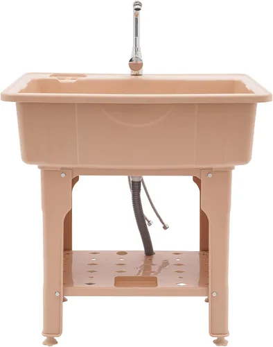 Miniatura 19 de Fregadero de Lavandería de Plástico Independiente con Tabla de Lavadero, Fregadero Utilitario para Interiores y Exteriores con Grifo de Agua Fría