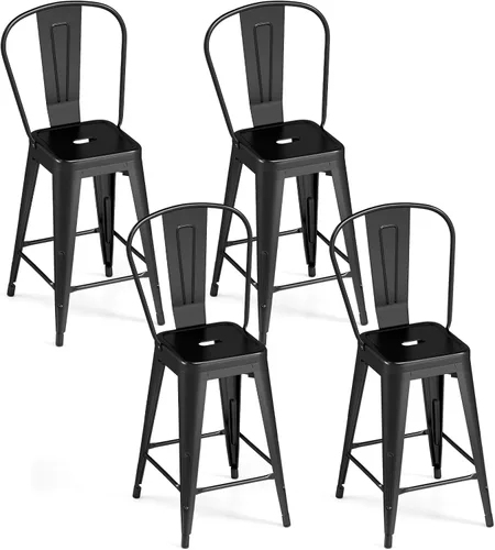 Giantex Juego de 4 taburetes de bar de metal de 24 pulgadas, sillas de barra de altura de mostrador con respaldo extraíble y reposapiés integrado,