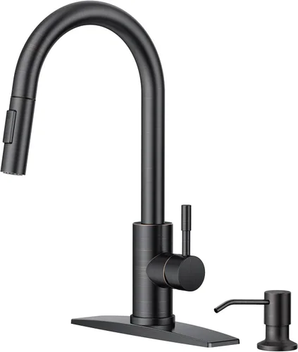 Miniatura 16 de FORIOUS Grifo de cocina con rociador desplegable, níquel cepillado, arco alto, moderno, clásico, grifo de fregadero de acero inoxidable con placa