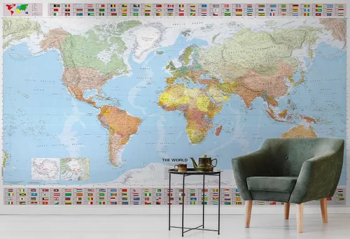 Miniatura 2 de Murwall Papel pintado de mapa político del mundo murales de pared Bandera del país Decoración de pared Arquitectos Decoración de oficina Café Diseño