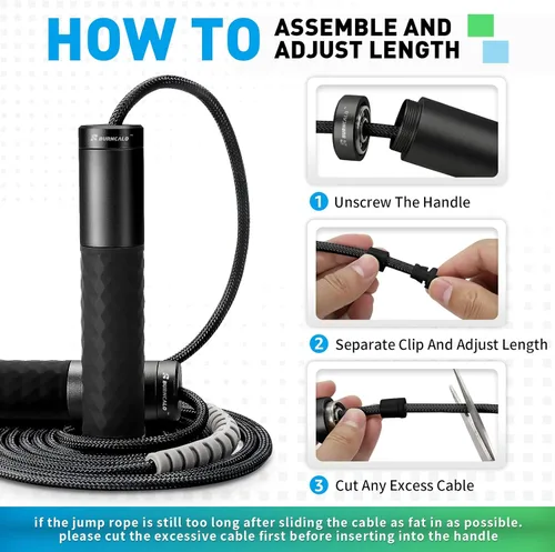 Miniatura 4 de Cuerda de saltar con peso para hombres, mujeres (1.5 libras) – Asas de acero aleado, cuerda de salto de velocidad, gimnasio, interior/exterior