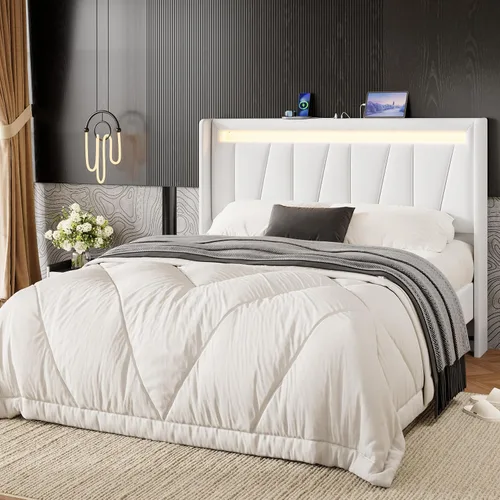 Miniatura 12 de SHA CERLIN - Base de cama Queen con estación de carga y luces LED, cama moderna de plataforma de terciopelo con cabecero tapizado geométrico,