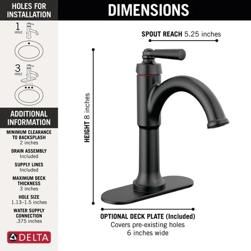 Miniatura 3 de Delta Faucet Saylor - Grifo de baño negro mate, grifo de baño de un solo agujero, grifo de lavabo de baño de una sola manija, tecnología de sello