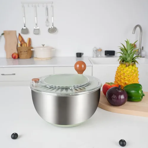 Miniatura 2 de Centrífuga de ensalada de acero inoxidable, spinner de lechuga de 5.3 Qt con base antideslizante, botón de drenaje y parada, spinner para lavar