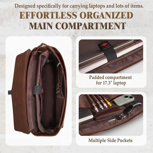 Miniatura 4 de RAINSMORE Bolsa de mensajero para hombre de 17 pulgadas, maletín para computadora portátil, impermeable, de cuero, para trabajo, oficina, viajes