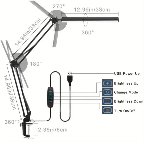 Miniatura 5 de Lámpara de escritorio LED con 3 modos de cuidado de los ojos, 10 brillo; lámpara flexible larga y ajustable con brazo oscilante para trabajadores