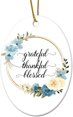 Adornos de Navidad con cita de corona de flores, adorno ovalado de porcelana de Grateful Thankful Blesed, decoración de árbol de Navidad, regalos