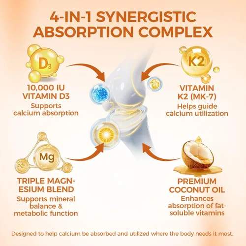 Miniatura 5 de Vitamina D3 K2 de 10000 UI, extra fuerte Wellness D3K2 con triple magnesio y aceite de coco para una máxima absorción, apoya la salud ósea e
