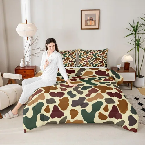 Miniatura 13 de Manfei Rutic Farmhouse - Juego de edredón tamaño King, juego de ropa de cama de retazos de madera a cuadros de ciervo, oso, árbol, 3 piezas