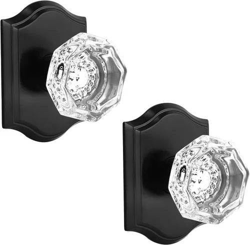 Gobrico Paquete de 2 pomos de puerta falsos, pomos de puerta de cristal transparente en forma de octágono con roseta arqueada, manija de puerta Negro