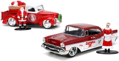 Miniatura 5 de Jada Toys Holiday Rides 1:32 1941 Ford Pickup y 1957 Chevy Bel-Air - Coche fundido a presión con figura de Papá Noel y Sra. Santa Claus de 1.65