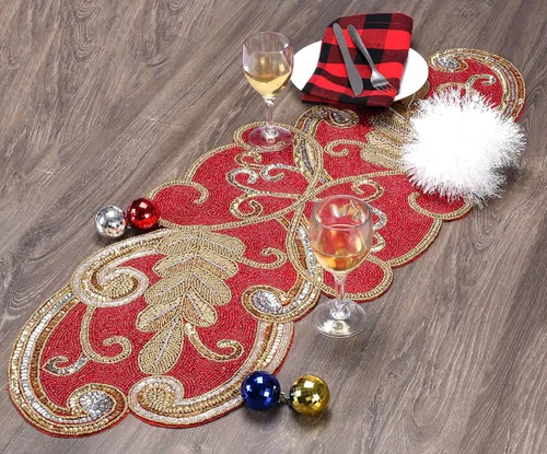 Miniatura 3 de Camino de mesa rojo navideño, camino de mesa navideño con cuentas de 36 pulgadas, camino de mesa con cuentas brillantes, centros de mesa