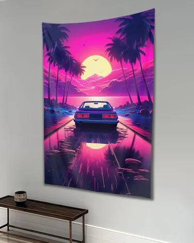 QEOPGNE Synthwave - Tapiz morado para automóvil deportivo de anime, arte de pared de automóvil de carreras de neón, Vaporwave de neón, decoración de
