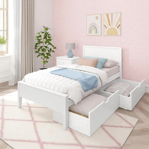 Max & Lily Cama individual clásica, cabecera de panel, con cajones de almacenamiento, color blanco