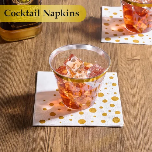 Miniatura 2 de Vplus Paquete de 100 servilletas de cóctel de papel, servilletas de bebidas de 3 capas, servilletas cuadradas doradas desechables, perfectas