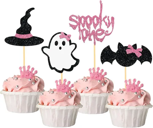 Miniatura 17 de 24 piezas de adornos de Halloween para cupcakes fantasmas, palillos de revelación de género para niños y niñas, adornos para tartas rosas y azules